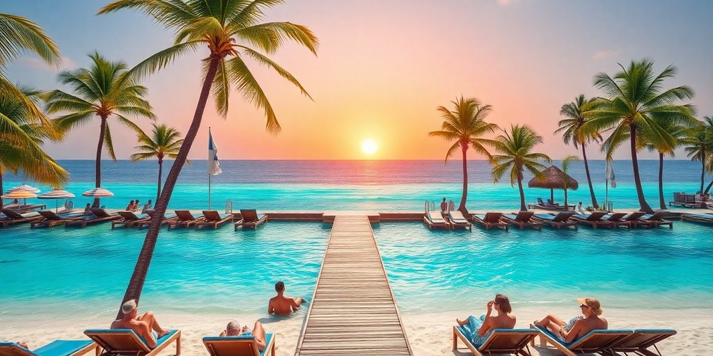 Tropical beach scene with palm trees and sun loungers.