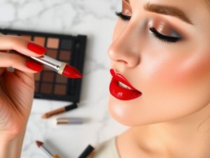 Femeie aplicând ruj roșu cu pensulă, machiaj cu umbre aurii
