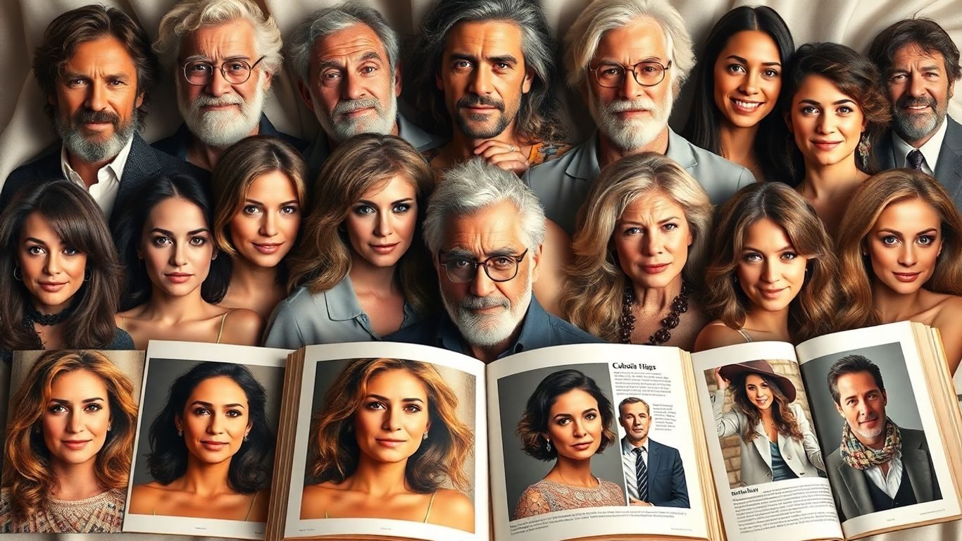 Colaj cu vedete și cărți biografice pe fundal elegant.